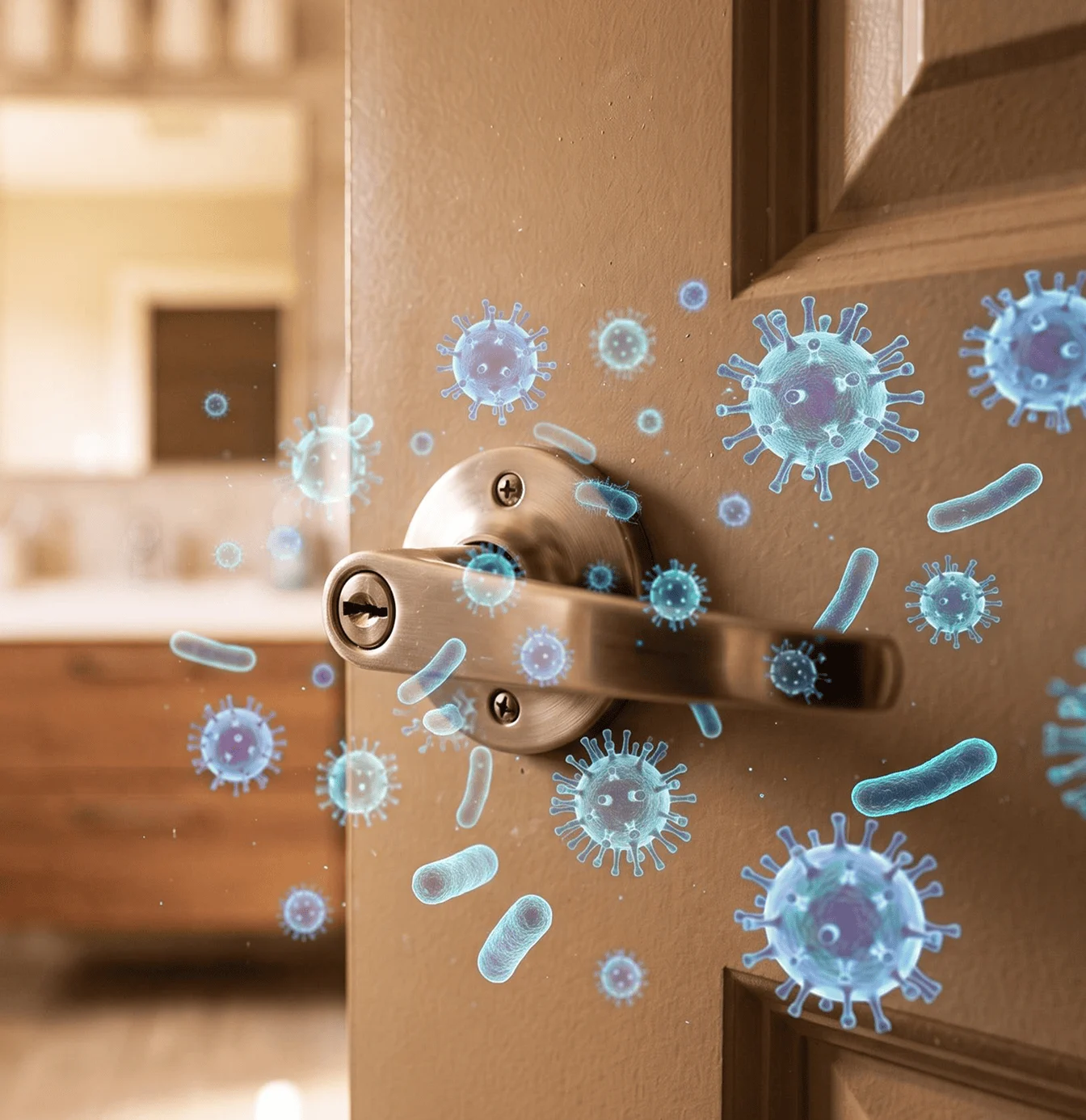 Image of a slight open bathroom door with graphical germ elements floating around door handle