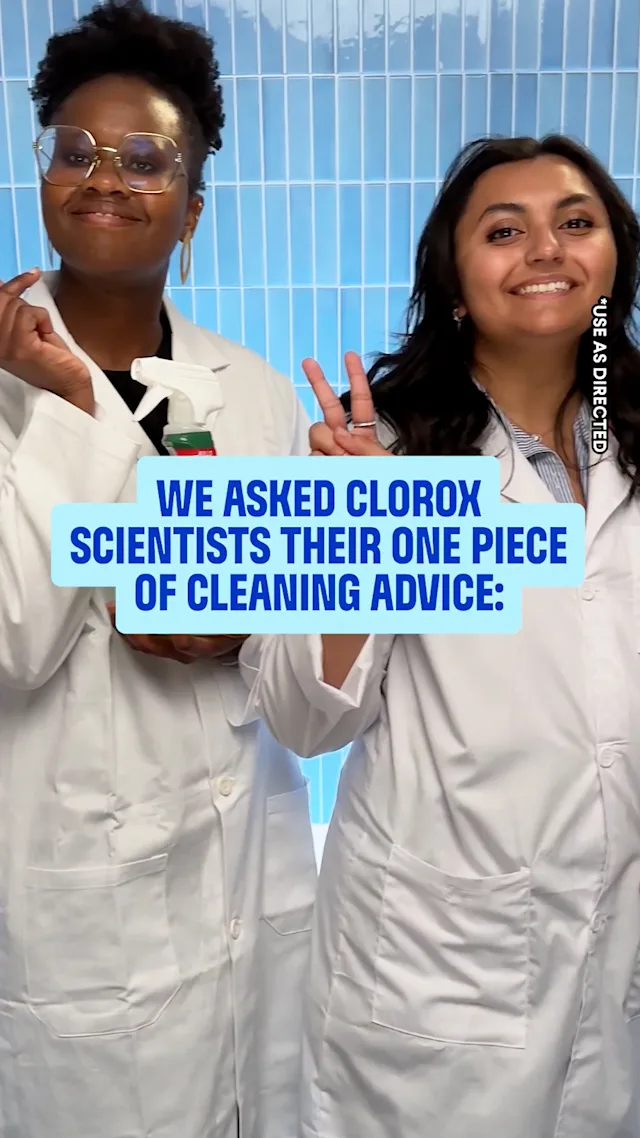 The words: We asked Clorox Scientists their one pice of advice,. Two people in lab coats.