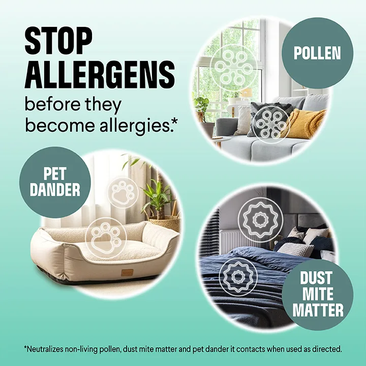 Stop allergens before they become allergies: images of a dog bed, dust mites and pollen