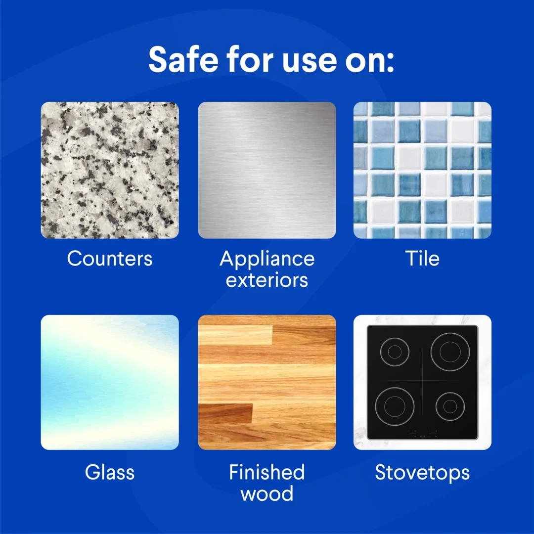 Las palabras "Seguro para usar en" sobre un fondo azul con 6 paneles que muestran varias superficies como mármol, azulejo y vidrio.