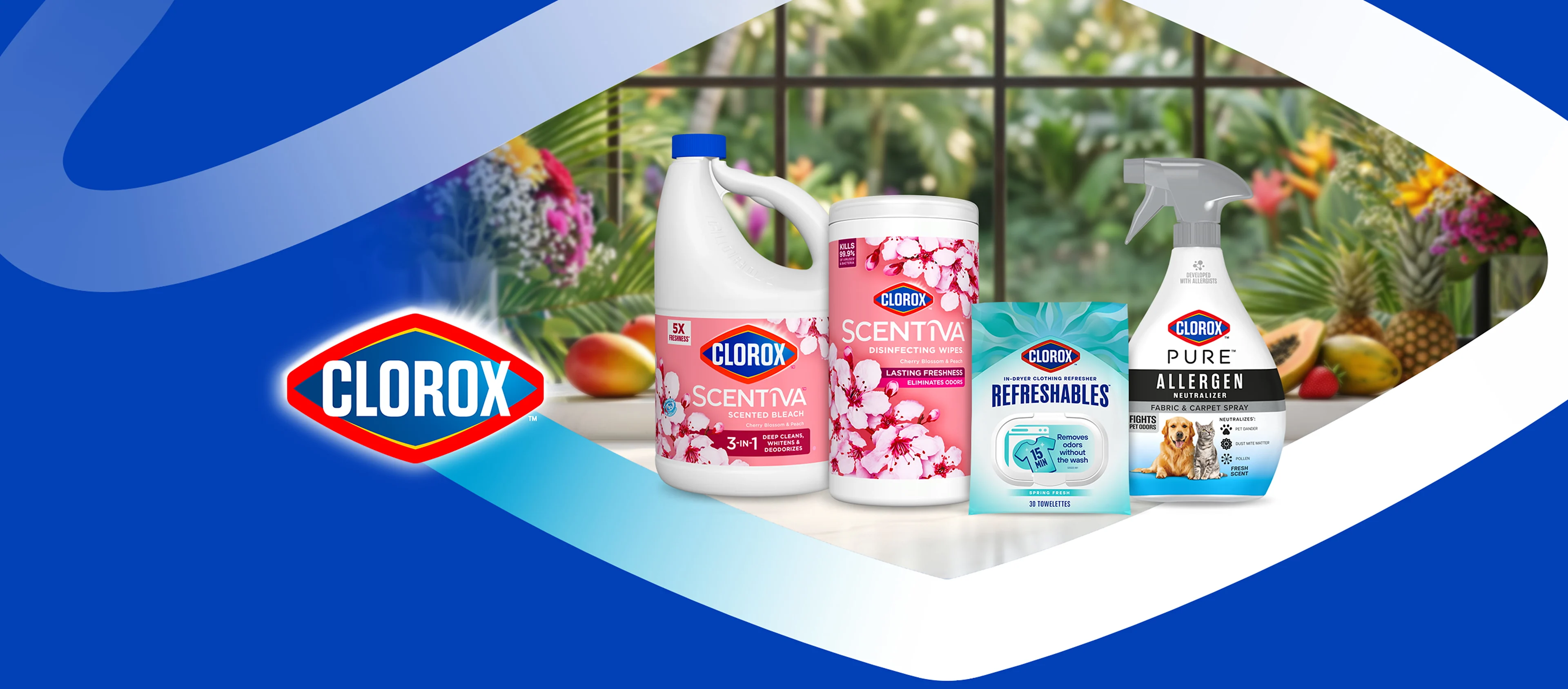 Clorox lineup with Scentiva bleach, wipes, Refreshables, and Allergen Neutralizer in greenhouse.