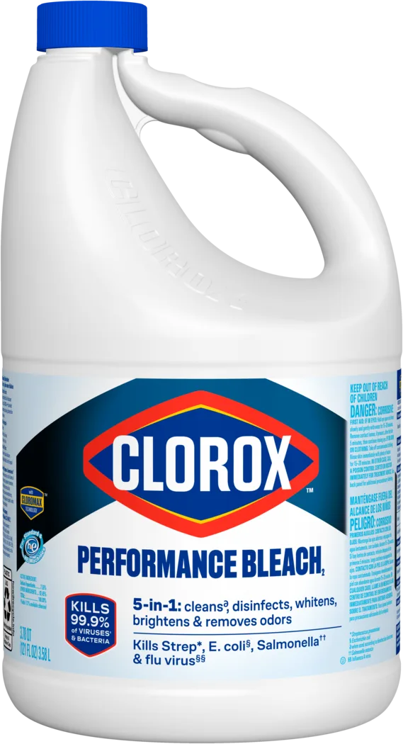 White plastic jug of Clorox Performance Bleach with blue cap and label showing cleaning benefits