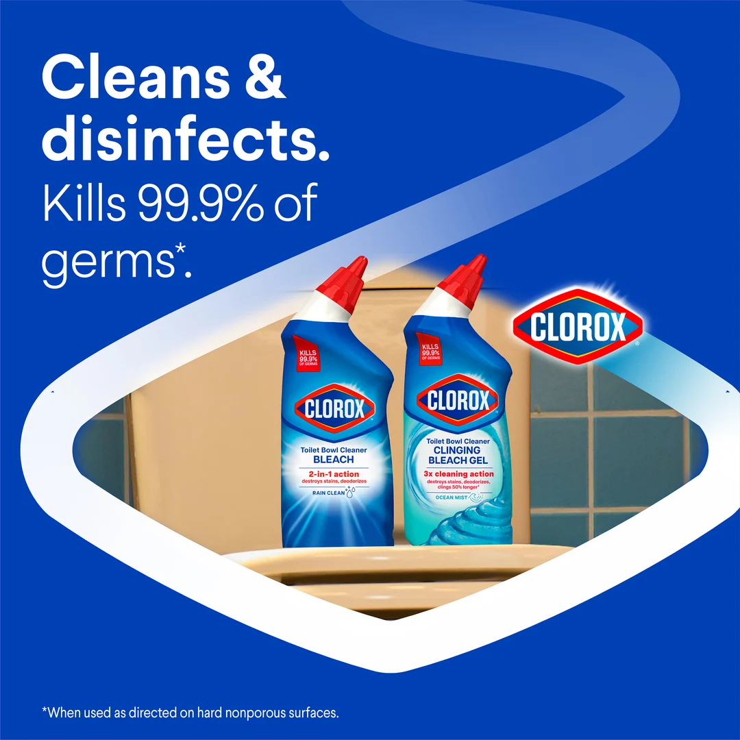 Two squirt bottles of Clorox toilet bowl cleaner, cleans & disinfects and kills 99.9% of germs.