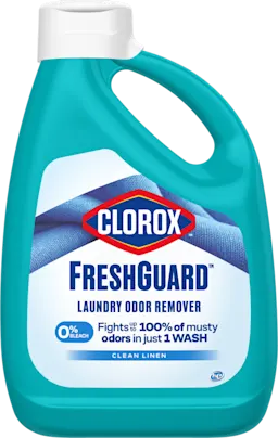 A teal bottle of FreshGuard linen scented laundry odor remover