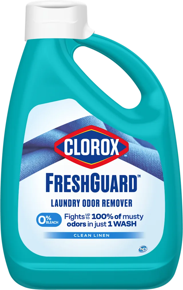 A teal bottle of FreshGuard linen scented laundry odor remover