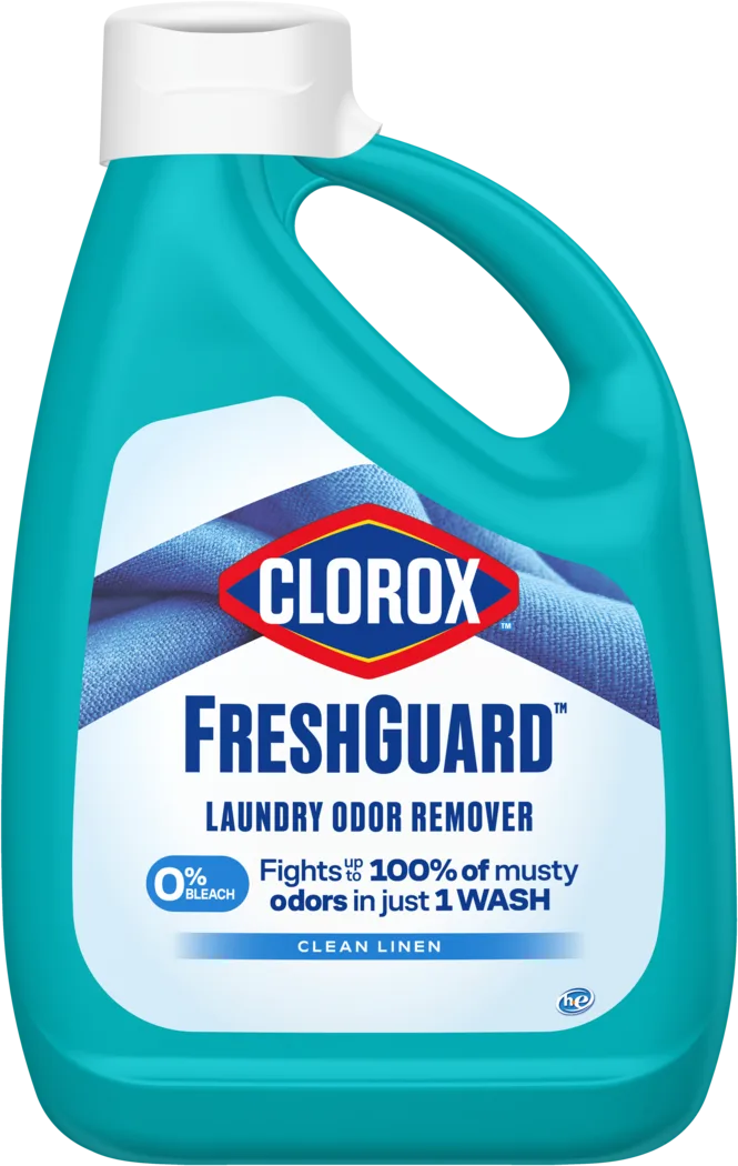A teal bottle of FreshGuard linen scented laundry odor remover