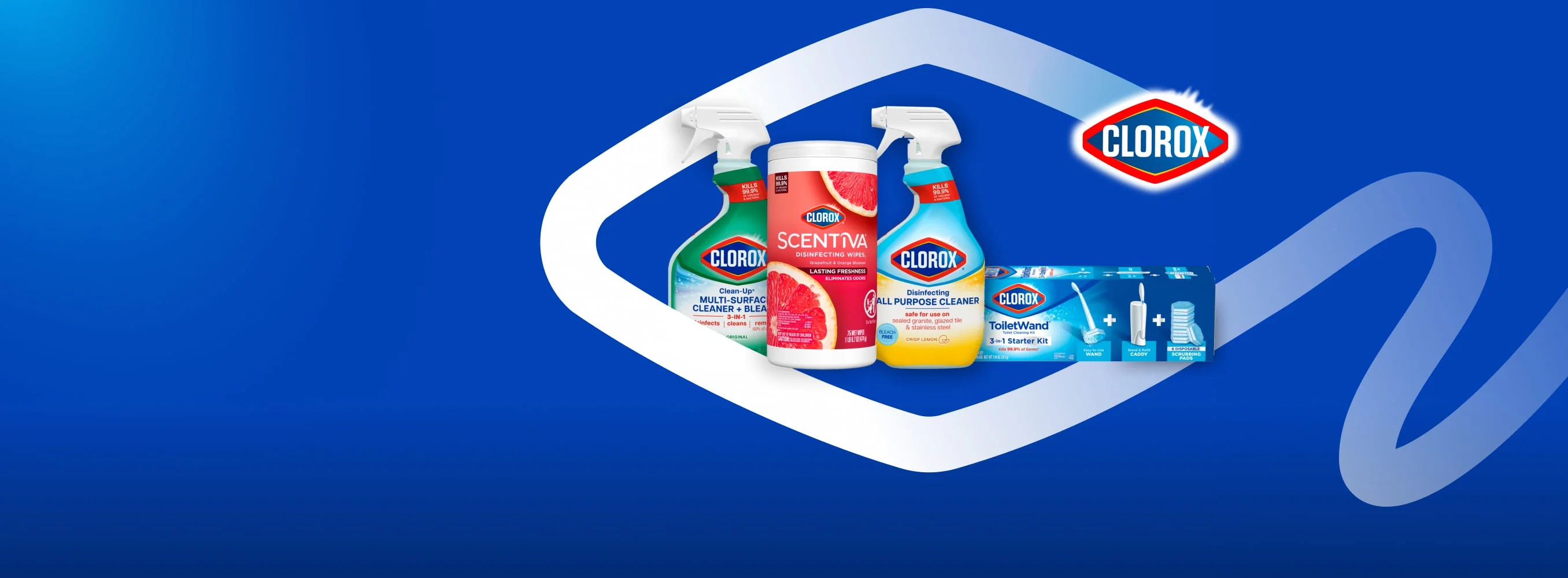 Productos de limpieza Clorox con el logotipo de Clorox ondeando a su alrededor