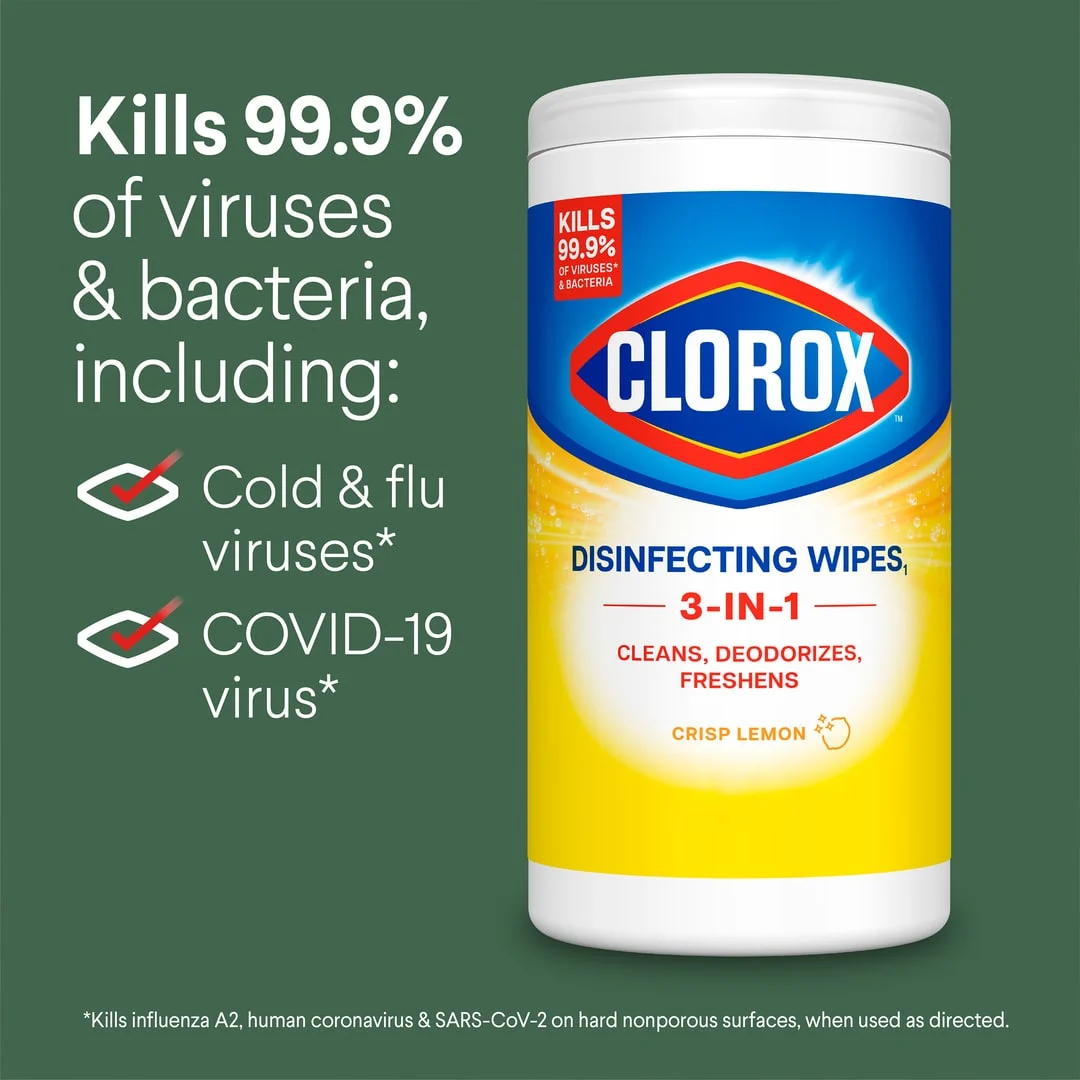 Kills 99.9% of viruses & bacteria, image of a canister of disinfecting wipes