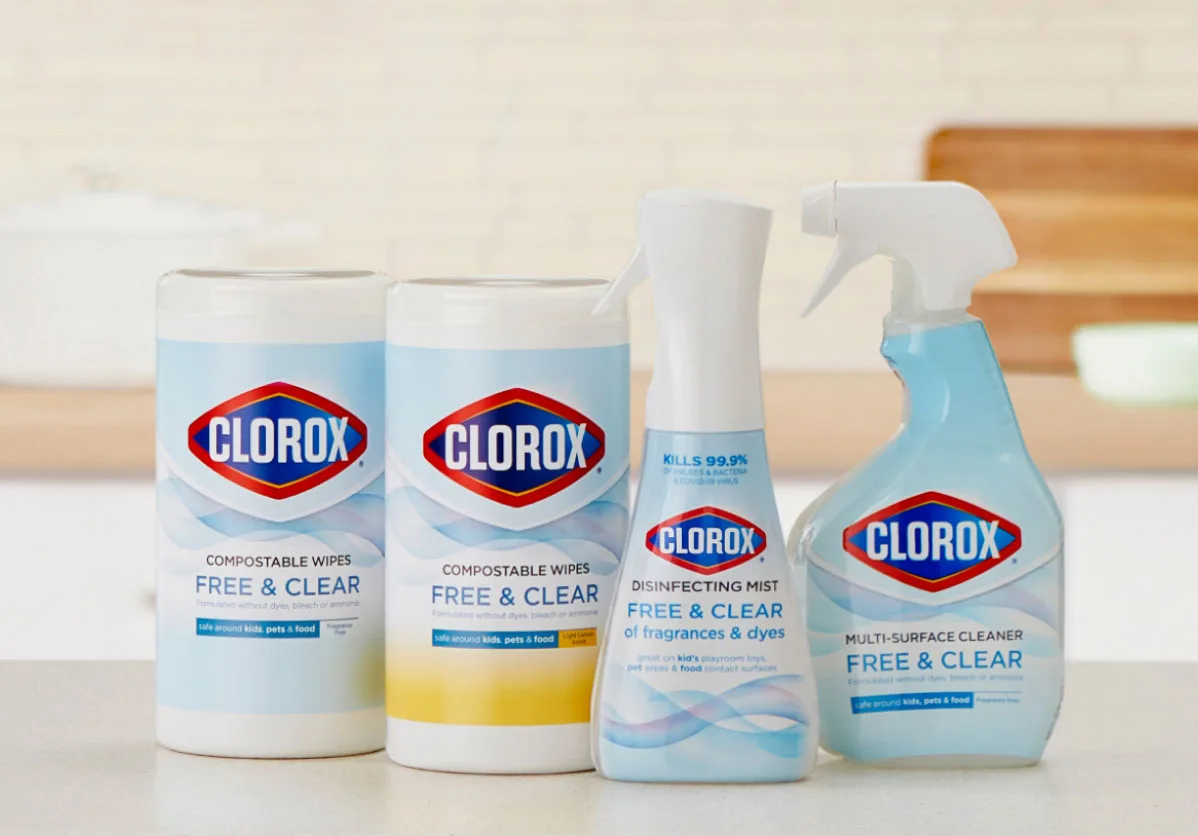 lineup of free and clear products on a kitchen counter