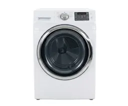 White front-load dryer with chrome-trimmed circular door and digital control panel on top