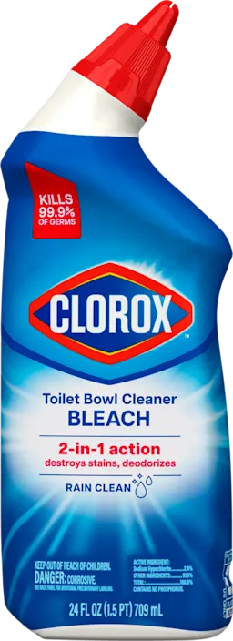 Squirt bottle of Clorox Toilet Bowl Cleaner with Bleach in Rain Clean Scent with red nozzle.