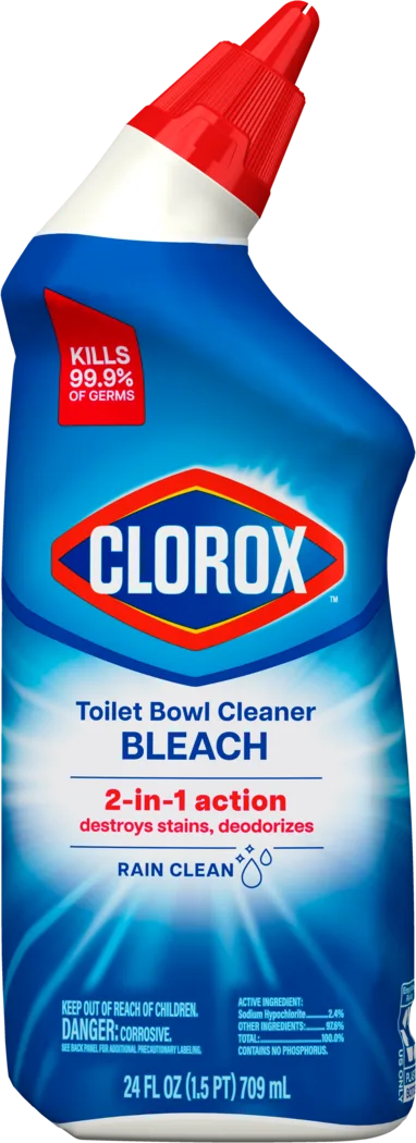 Squirt bottle of Clorox Toilet Bowl Cleaner with Bleach in Rain Clean Scent with red nozzle.