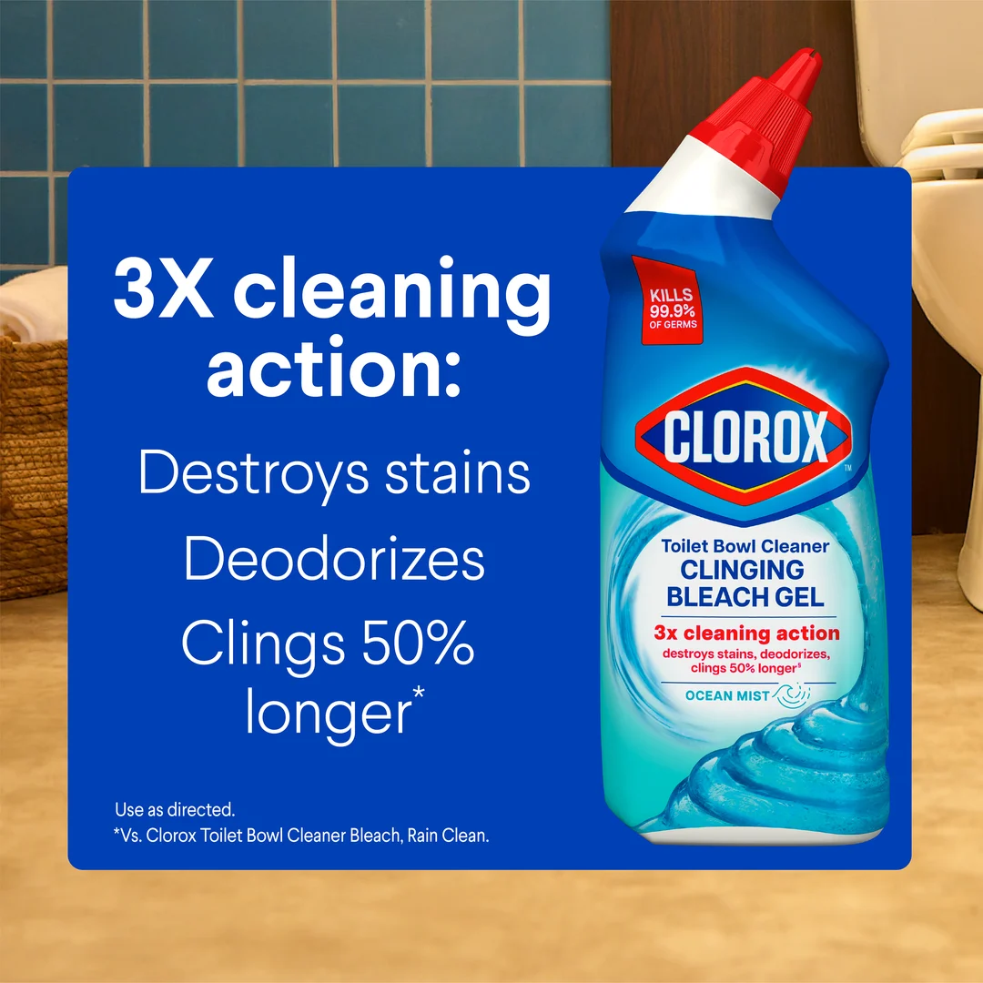 Squirt bottle of Clorox toilet cleaner bleach gel, 3x cleaning action: destroys stains, deodorizes, clings 50% longer.