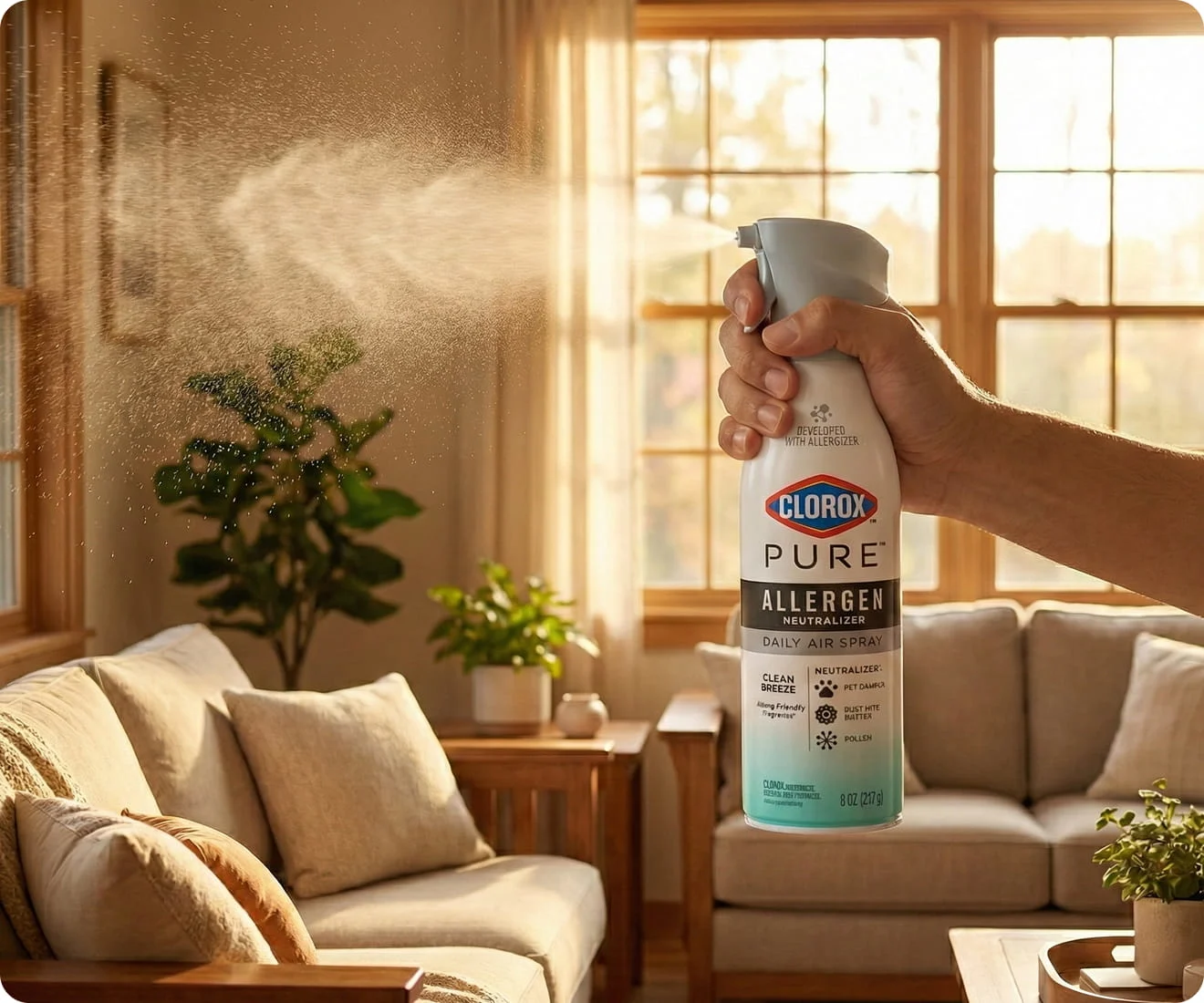 A hand spraying PURE Daily Air Spray in  a living room