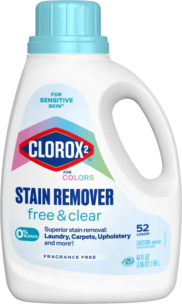 Plastic bottle with handle containing Clorox 2 Free & Clear Stain Remover and Laundry Additive
