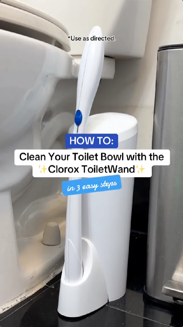 Clorox ToiletWand caddy and wand on a bathroom floor next to a clean white toilet with a How-To headline.