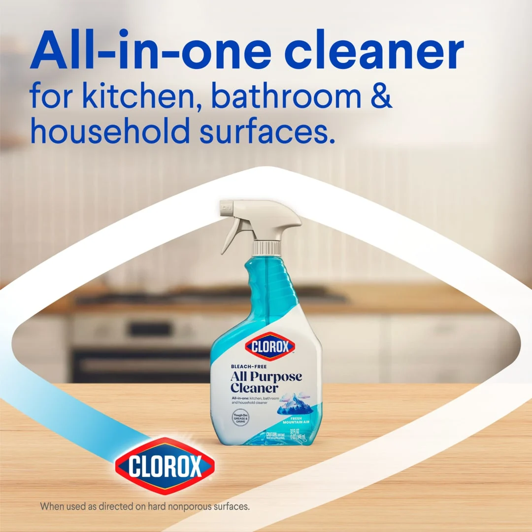 Bleach-Free All Purpose Cleaner Fresh Mountain Air on a kitchen surrounded by a white chevron and the words "All in one cleaner"