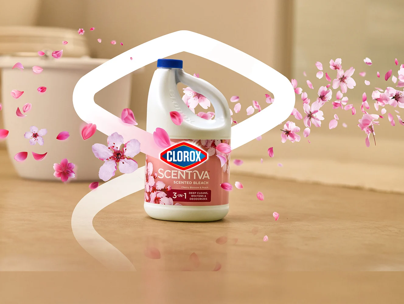 Bottle of Scentiva bleach Cherry Blossom scent on the floor decorated with cherry blossom flowers.