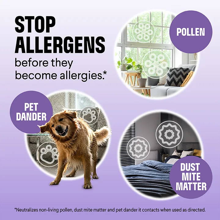 Stop allergens before they become allergies: images of a dog, dust mites and pollen