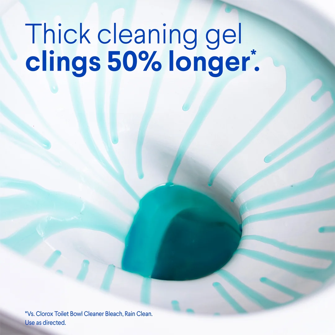 Close-up toilet bowl with cleaner dripping from rim, thick cleaning gel clings 50% longer.