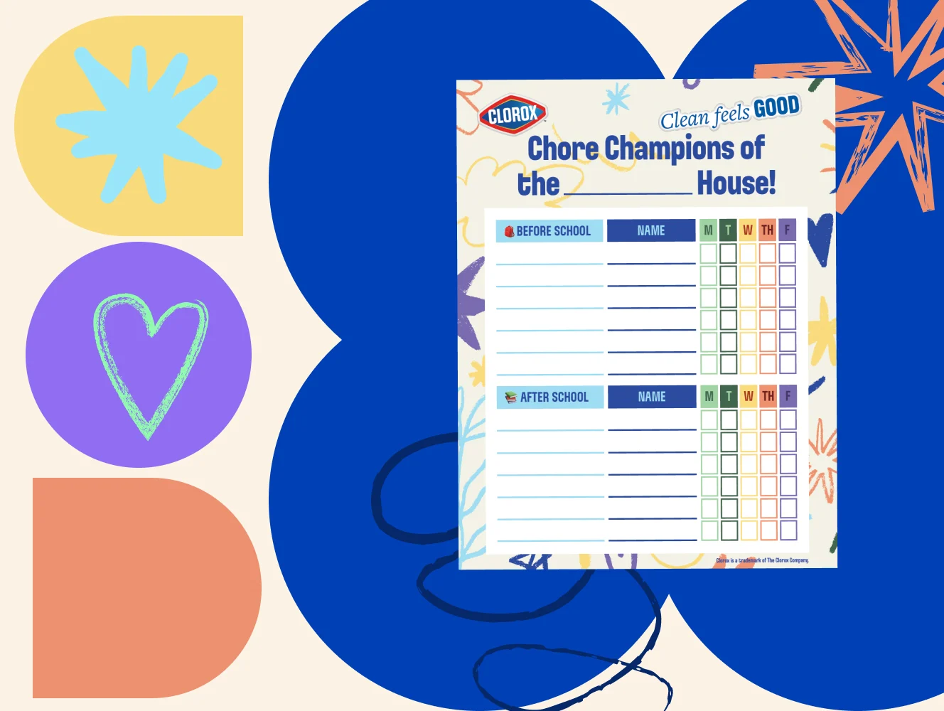 Chore chart for Kindergarteners through 3rd grade on a colorful illustrated background