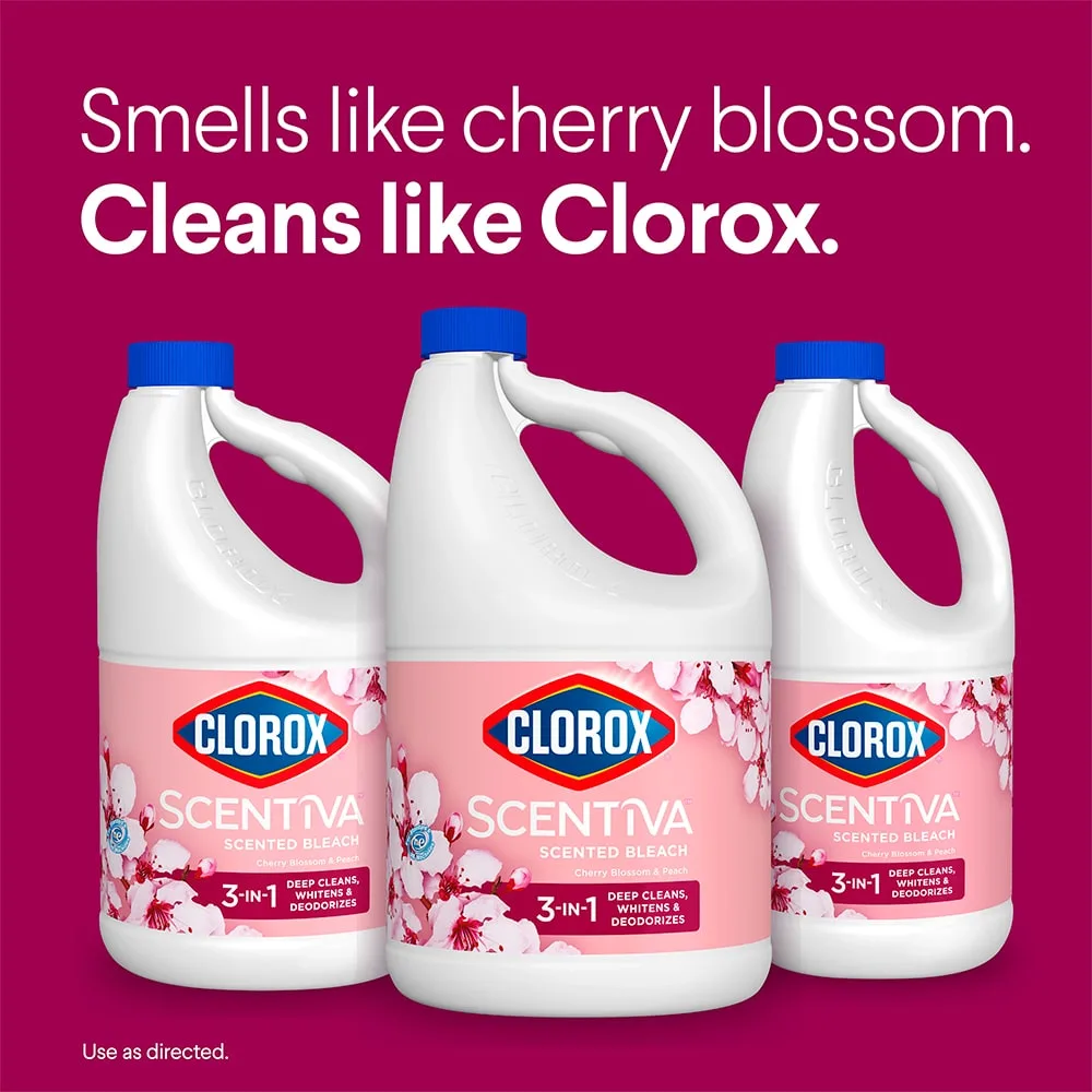 3 Scentiva Cherry Blossom scent bleach bottles with the words: Smells like cherry blossom. Cleans like Clorox.