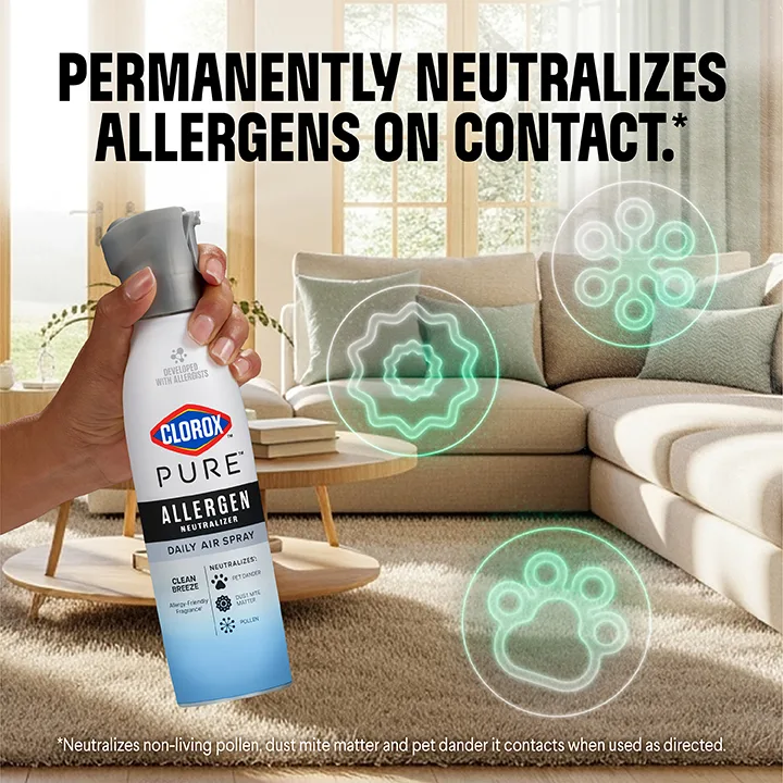 Permanently neutralizes allergens on contact: PURE Allergen Spray bottle with illustrated allergens floating around a living room