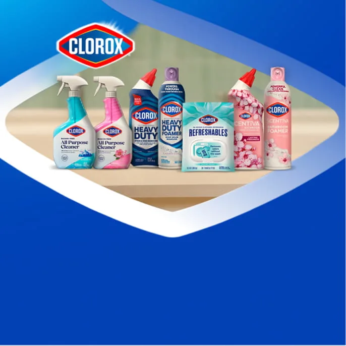 A lineup of new Clorox products in a white chevron with blue background