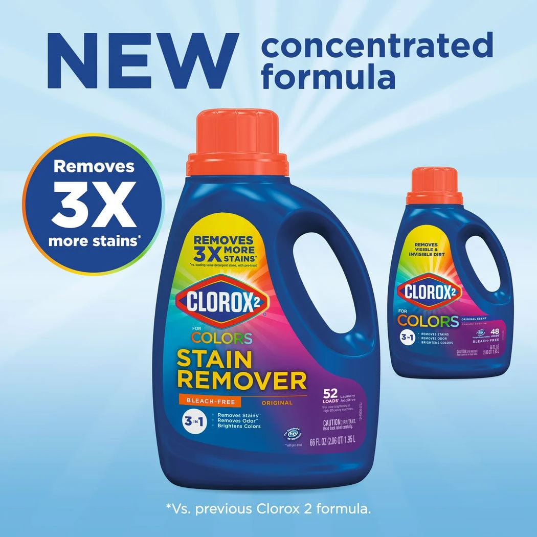 new concentrated formula, removes 3x more stains vs. previous Clorox 2 formula