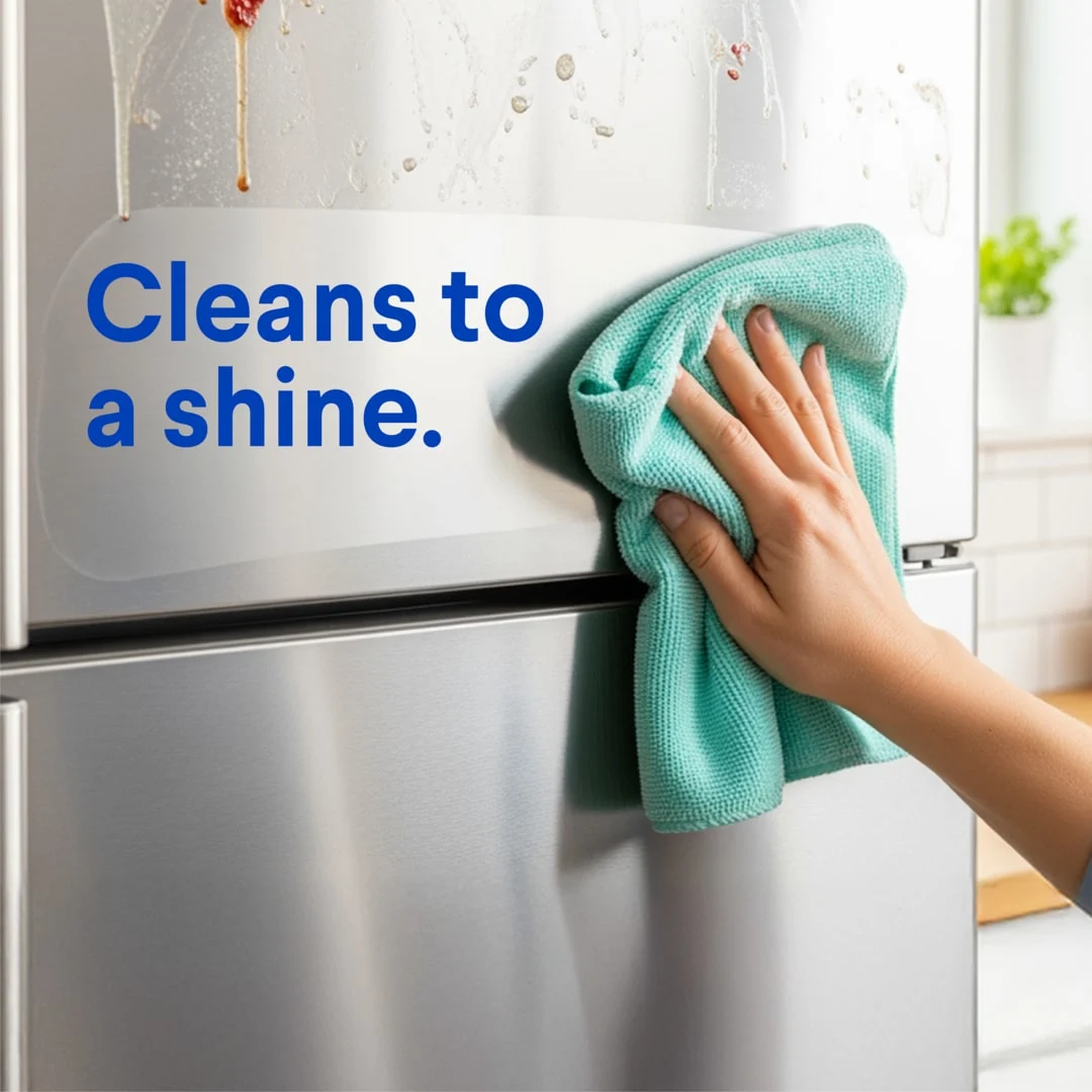 A person wiping a stainless steel refrigerator with a blue cloth and the words "Cleans to a shine"