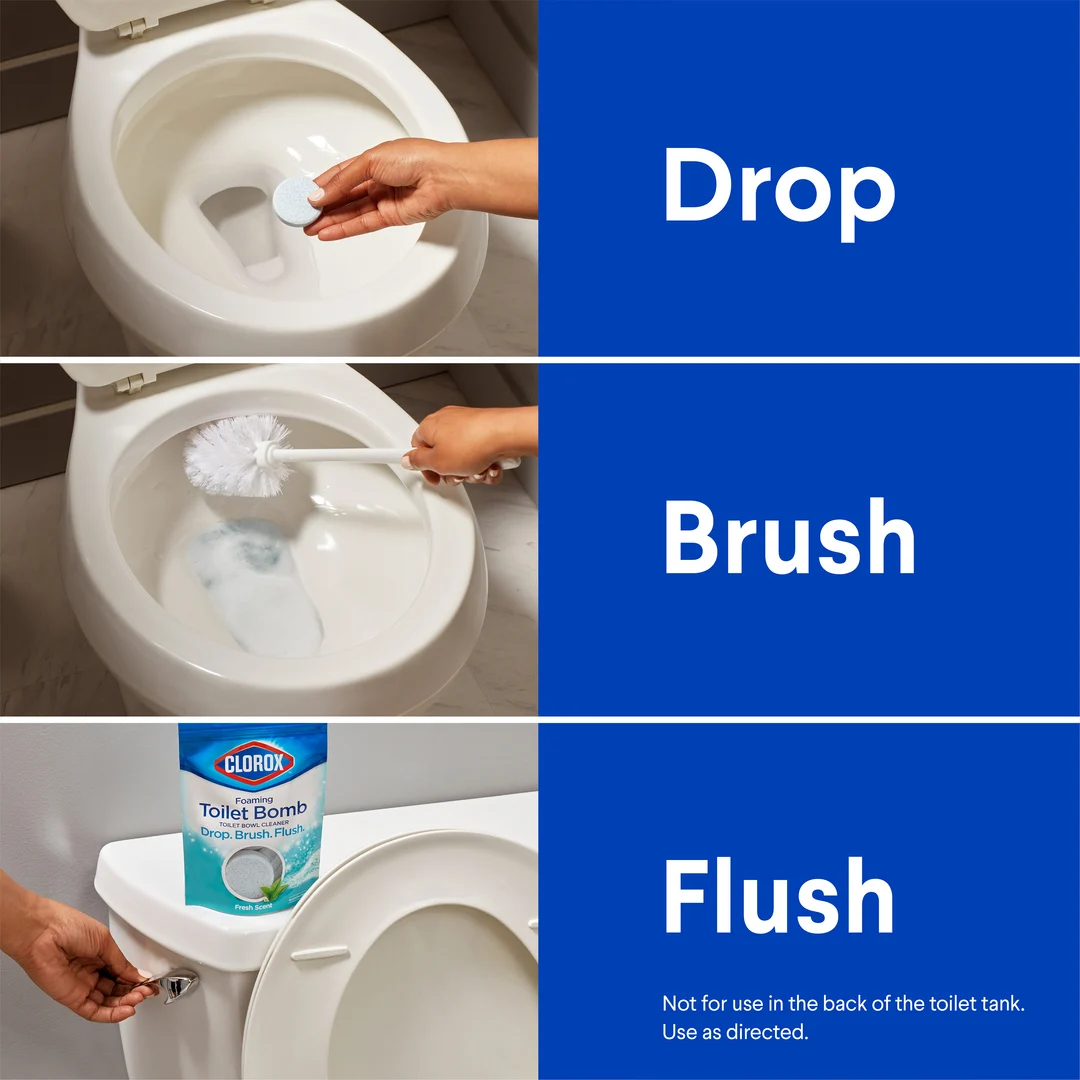 Tres filas de imágenes de limpieza de inodoros con las palabras Drop, Brush y Flush