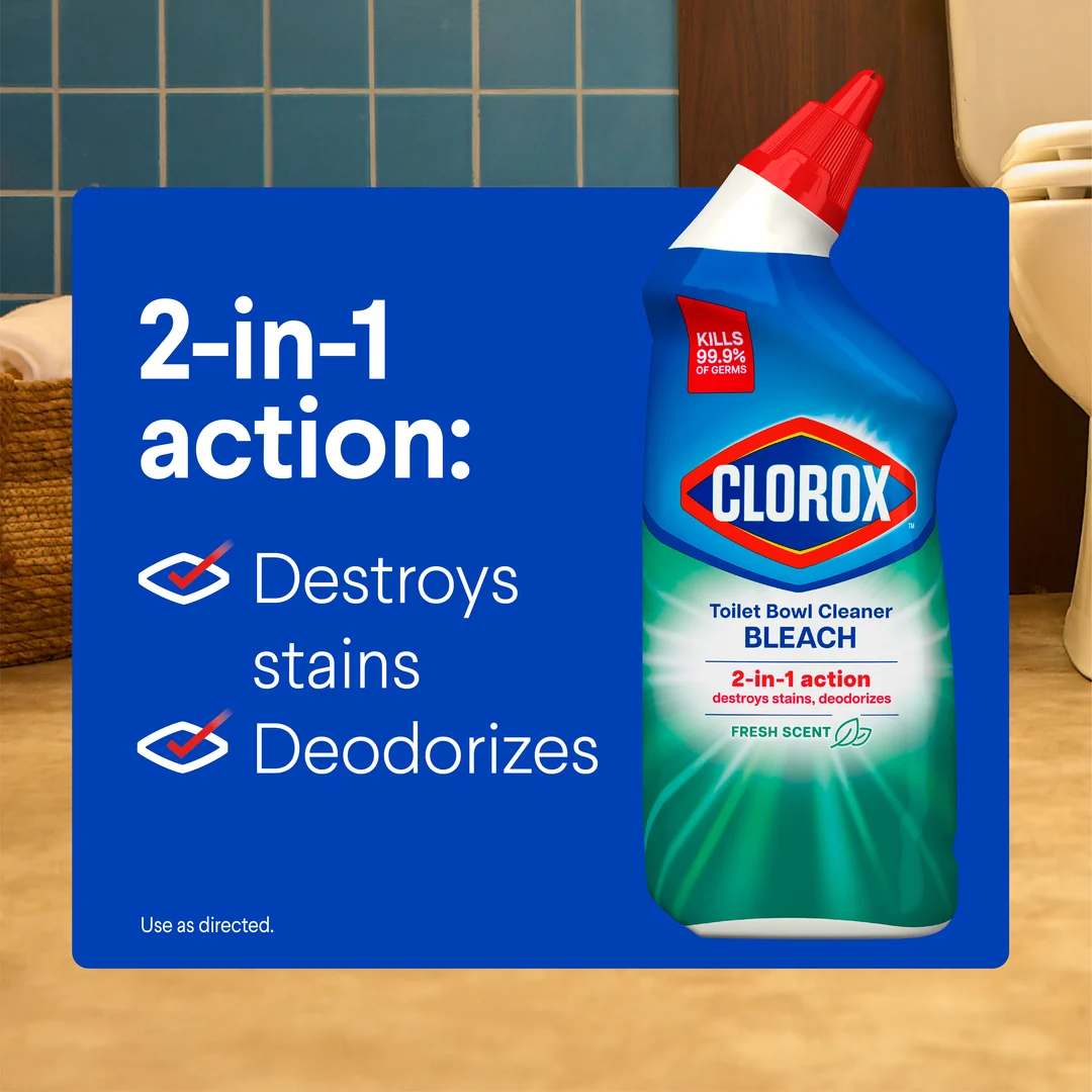 Botella con atomizador de limpiador de inodoro con blanqueador Clorox. Acción fresca 2 en 1: destruye y desodoriza.