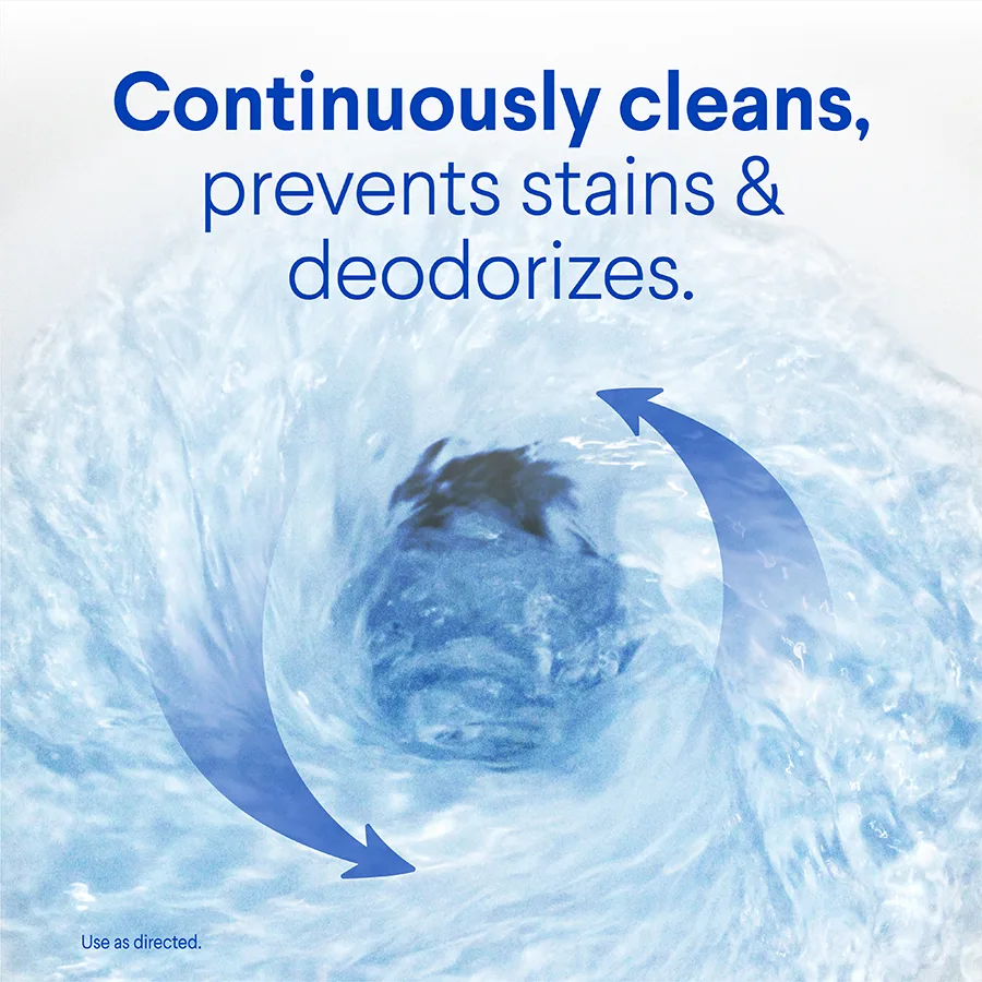 Continuously cleans, prevents stains & deodorizes: swirling water in a toilet bowl