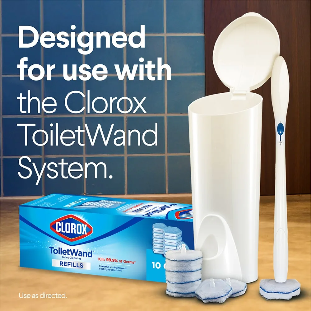 Designed to use with the Clorox ToiletWand System, shows cleaning system in a tiled bathroom