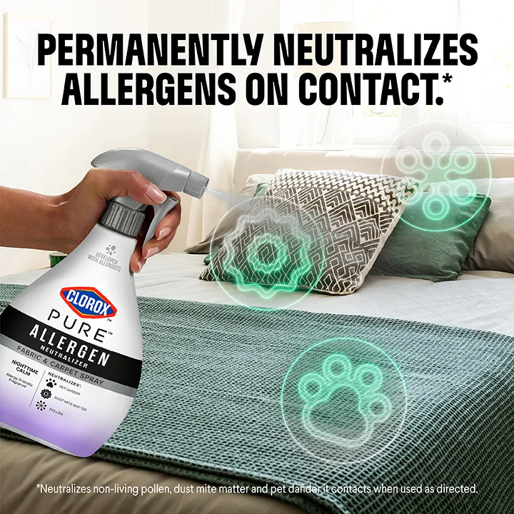 Permanently neutralizes allergens on contact: PURE Allergen Fabric Spray bottle with illustrated allergens floating around a living room