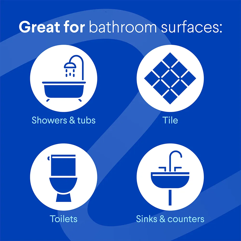 Great for bathroom surfaces, icons of tiles, sink, toilet & shower.