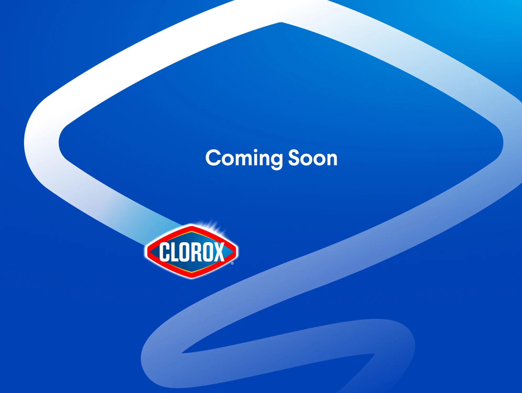 The words "Coming Soon" on a blue background with a white chevron swoosh around it ending in a Clorox logo