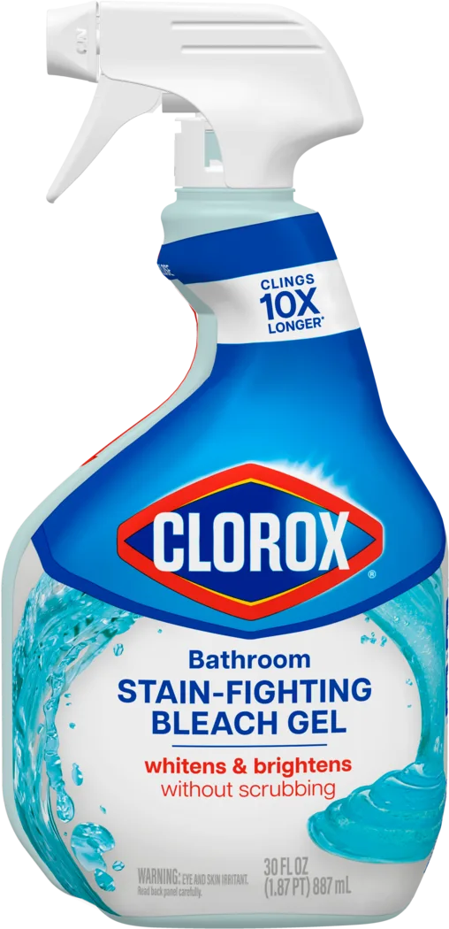 A blue spray bottle of Clorox cleaner with prominent Clorox logo and blue gel image printed on the bottle.