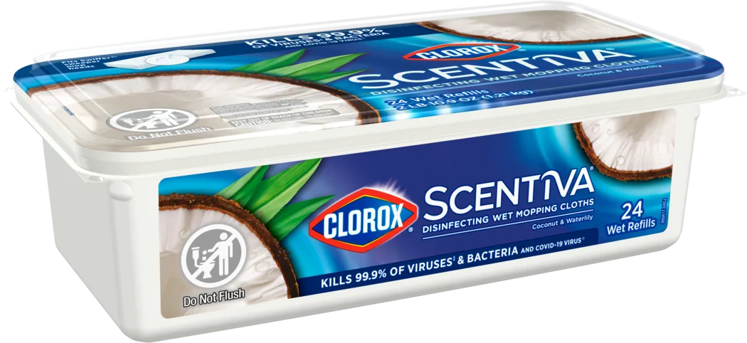 A white plastic box of Clorox wet floor cloths in the coconut Scentiva scent with images of coconuts on the package.
