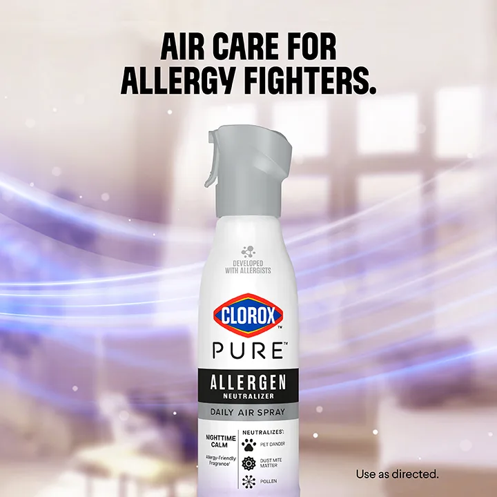 Air Care for Allergy Fighters: a bottle of PURE Allergen spray with a purple swoosh of light in the background