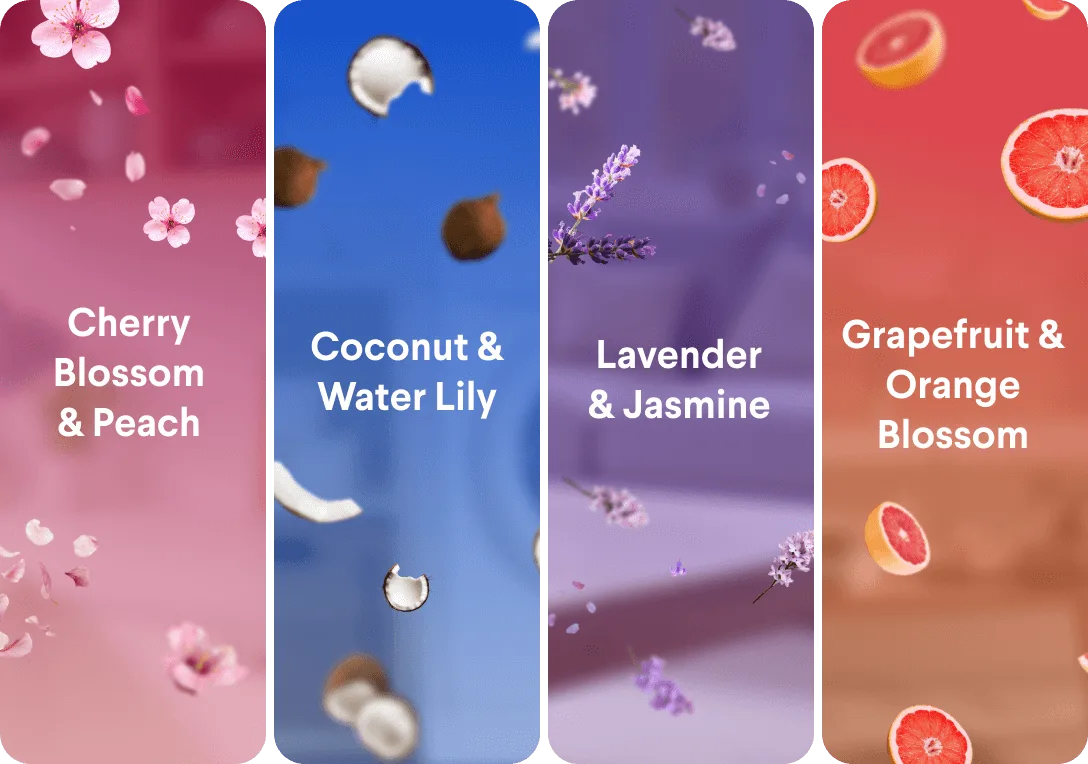 Four images showing cherry blossom, coconuts, lavender and grapefruits with the scent names in text over the images.