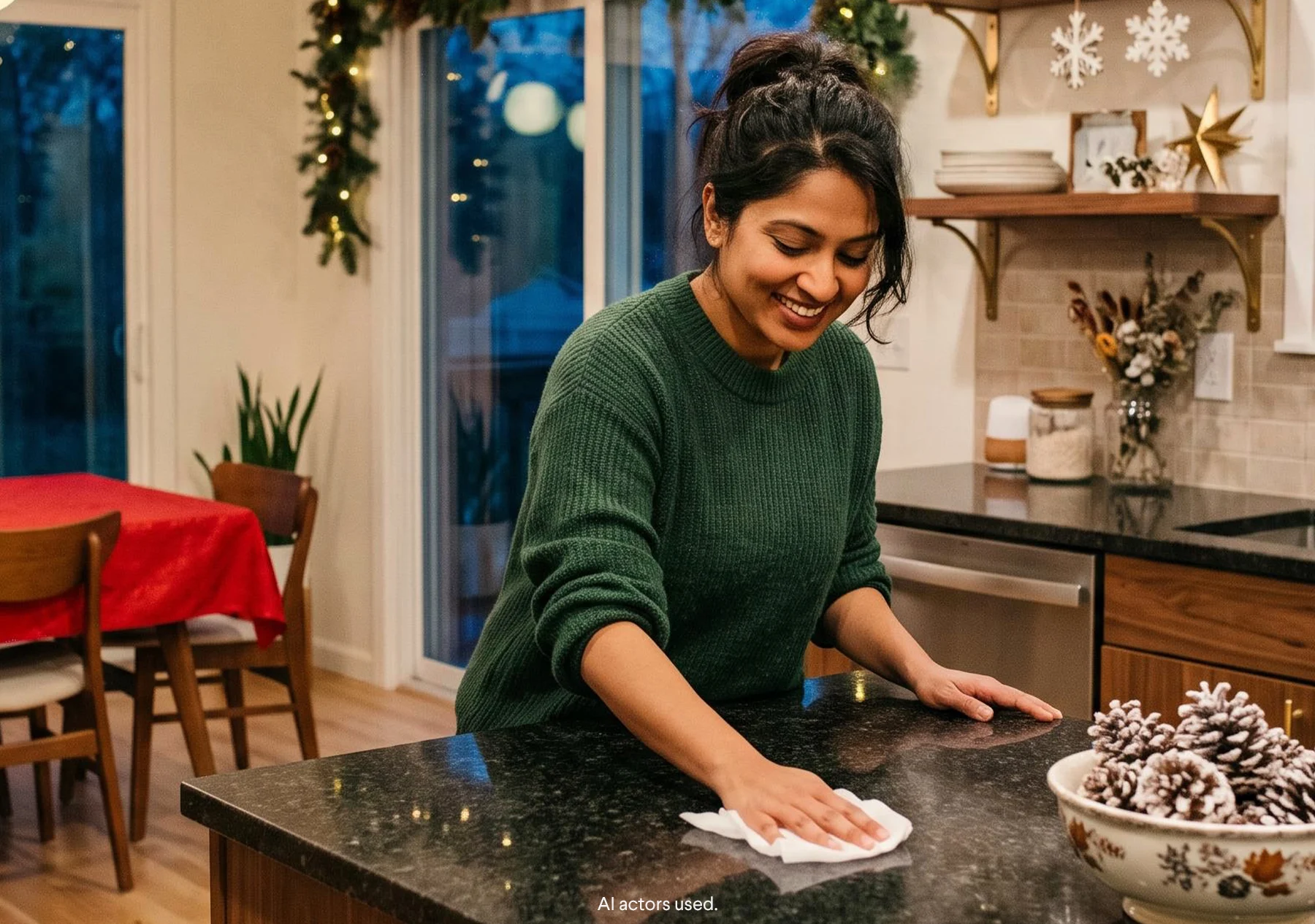 Woman cleaning her kitchen island in a holiday decorated kitchen and dining room.