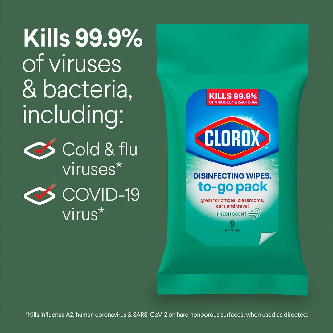 Elimina el 99,9% de virus y bacterias, imagen de un paquete de toallitas desinfectantes.