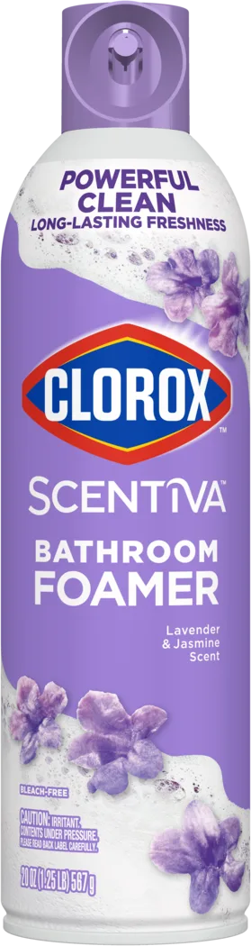 Spray can of Clorox Scentiva Bathroom Foamer in Lavender & Jasmine scent