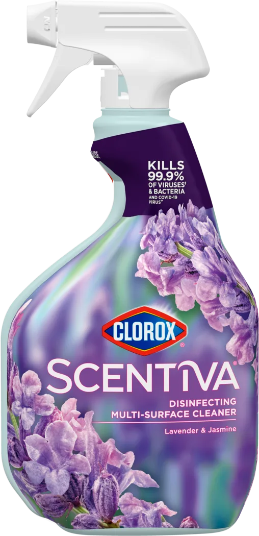Una botella de spray morada de limpiador Clorox™ Scentiva™ en aroma de lavanda y jazmín contra un fondo blanco.