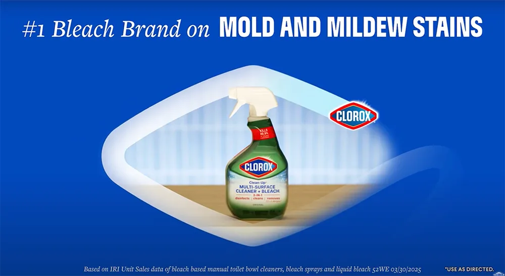 #1 Bleach Brand on Mold and Mildew Stains, Clorox Clean-Up spray bottle surrounded by blue background and white chevron