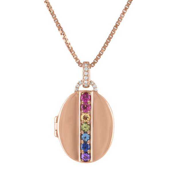 My story rainbow multi gemstone oval locket necklace   rose gold