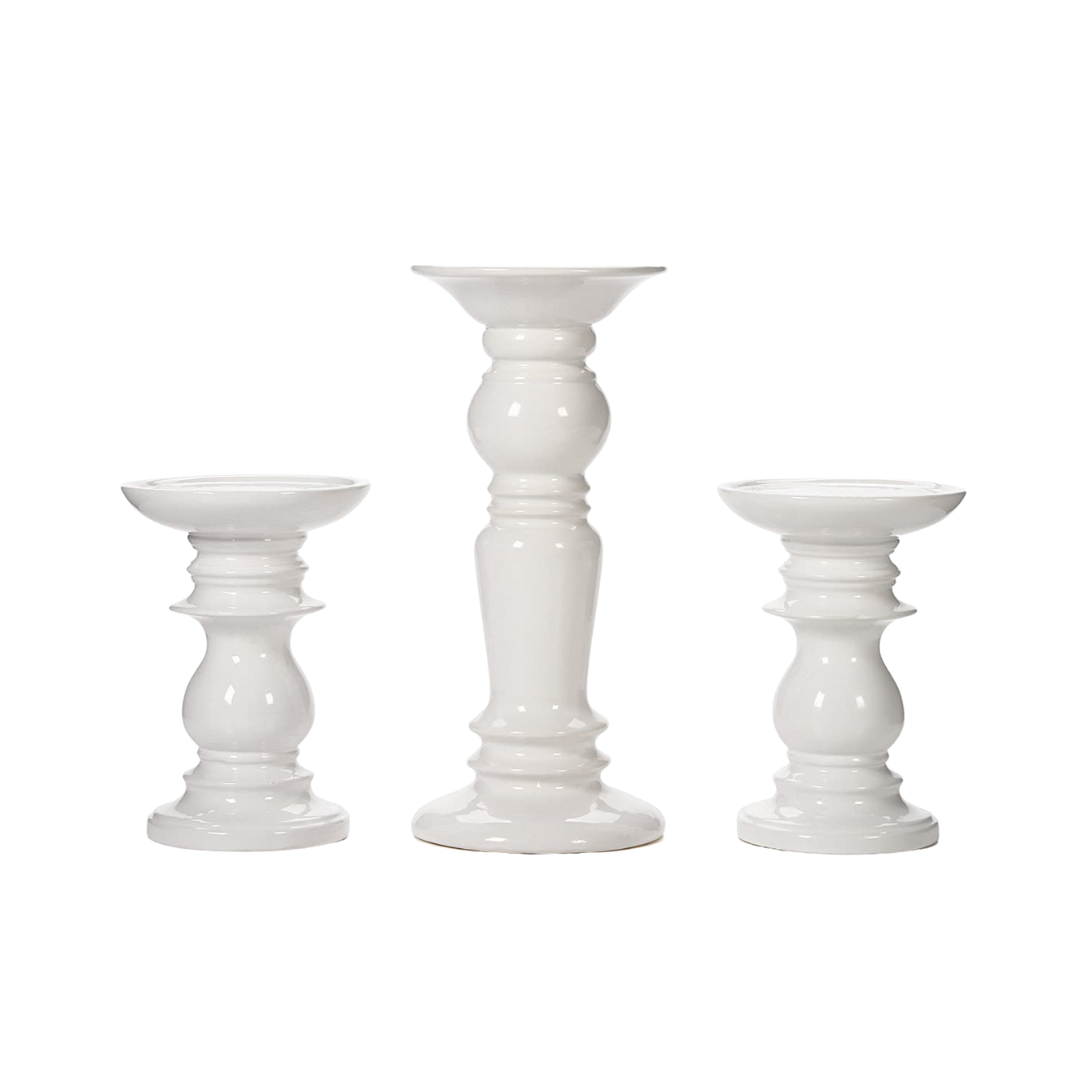 Hosley Ceramic White Pillar Candle Holders Story + Rain