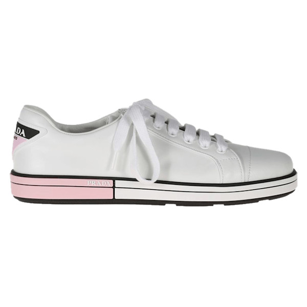 Prada Leather Low Top Sneakers with Two Tone Heel Story Rain