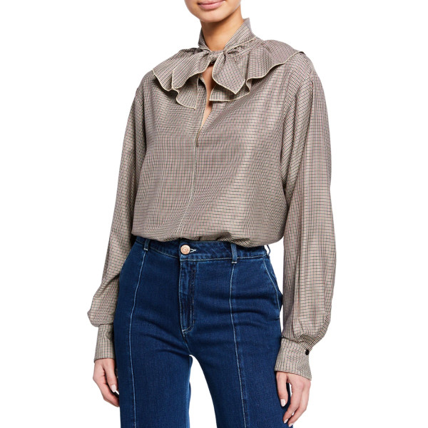 See by chloe tie neck ruffle check long sleeve blouse